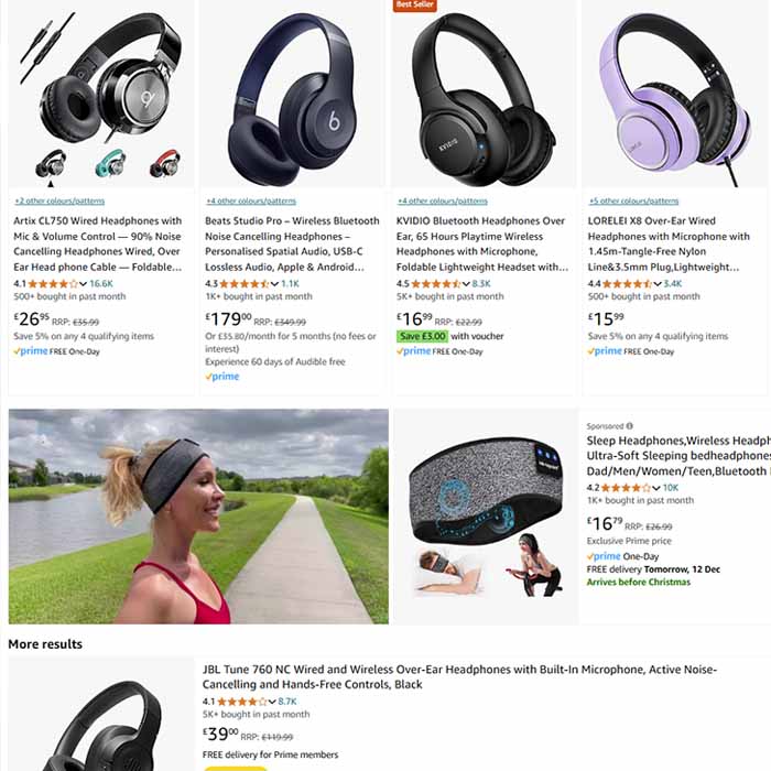 Search results for headphones on Amazon