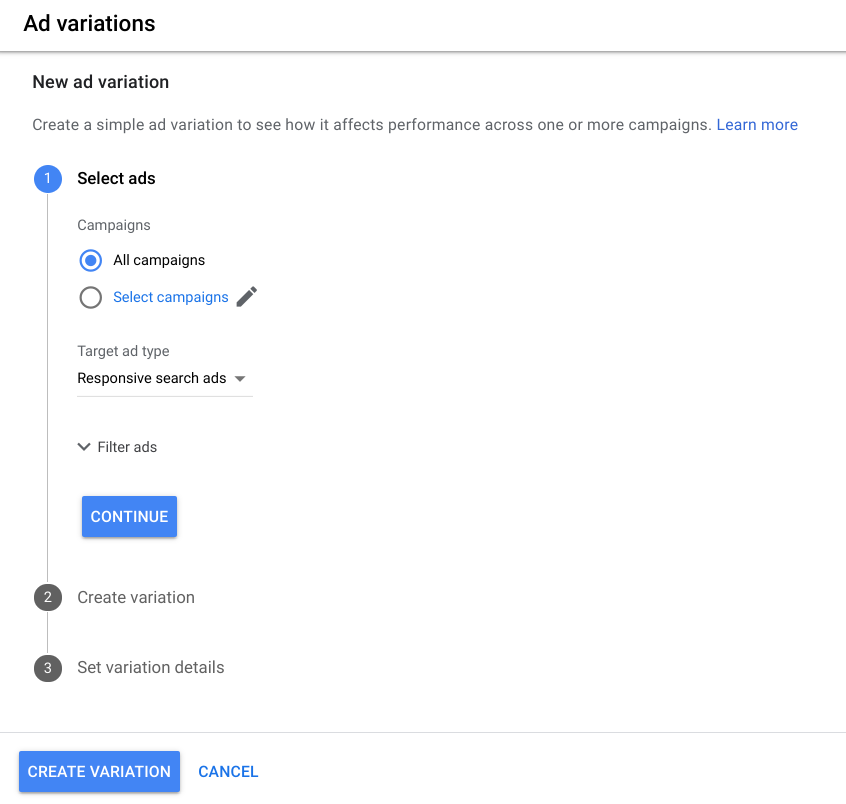 How to create an ad variation in Google Ads