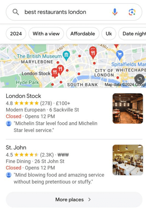 Google search best restaurants london