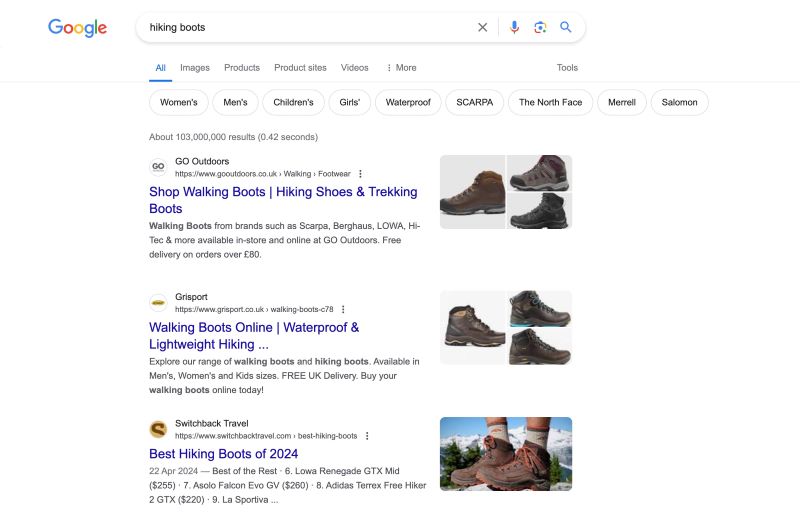 Google search results for hiking boots
