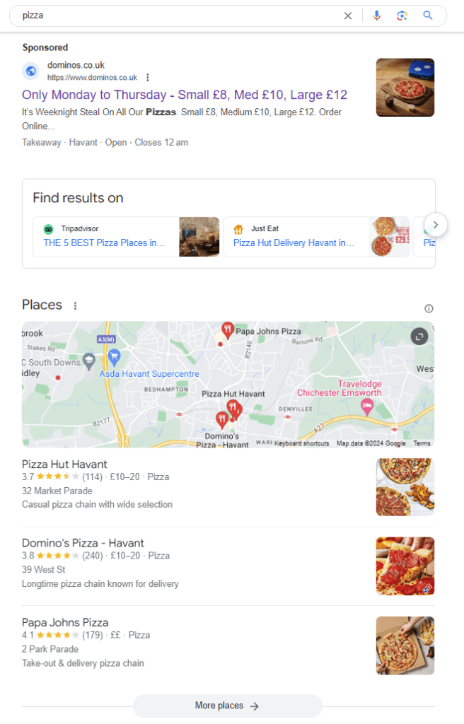 Google search results for pizza