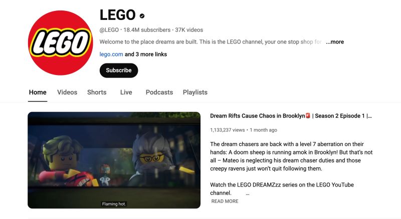 Lego's YouTube page