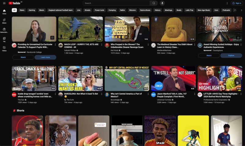 An example Youtube homepage