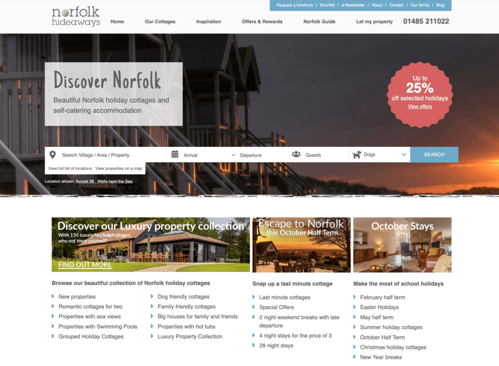 Norfolk Hideaways website showing an example of direct bookings