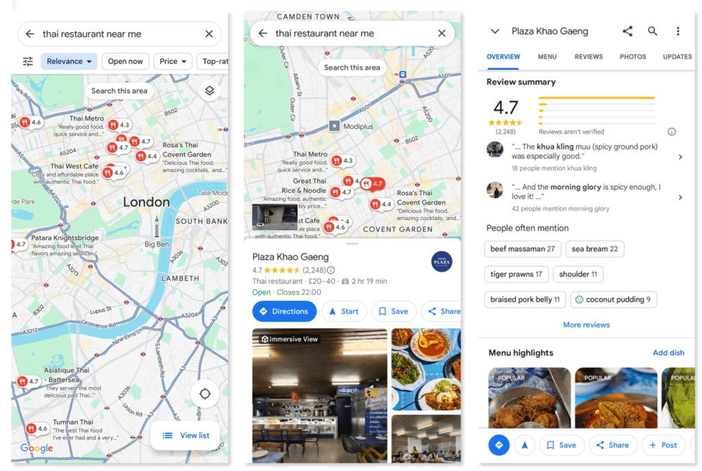 Near me local search results for Thai restaurants 