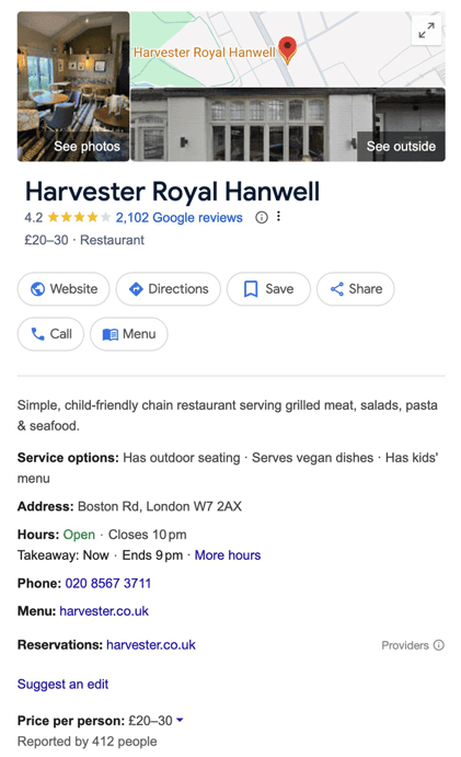 Harvester pub Google Business Profile