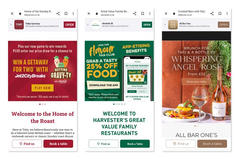 Mitchells & Butlers different brands' mobile websites showing how similar the responsive design is