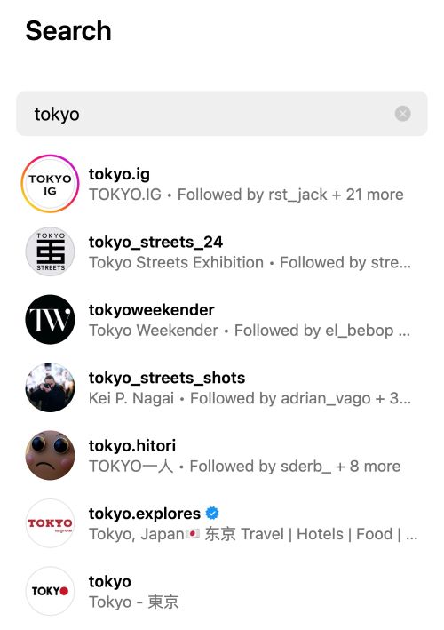 Instagram search results for the term Tokyo