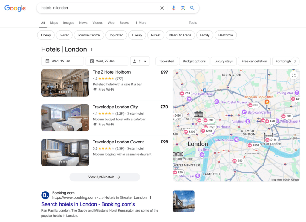 Local pack of hotels in Google search results for 'hotels in London'