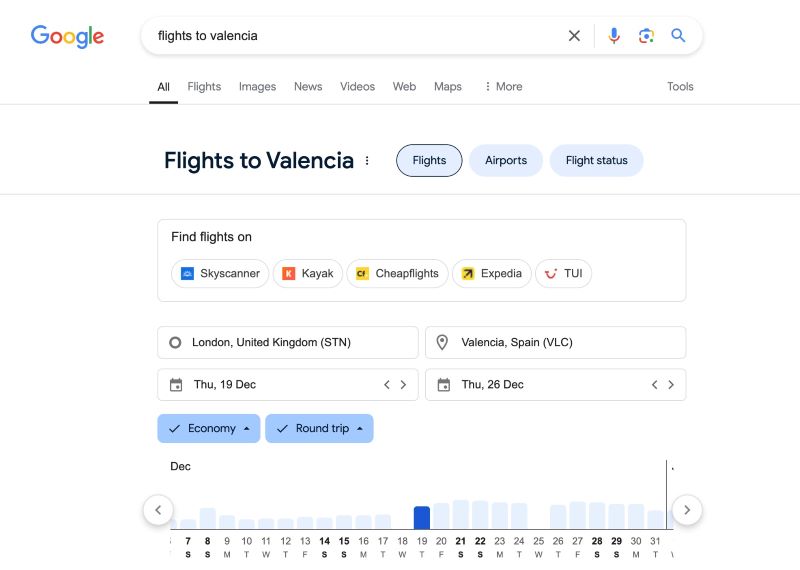 Search results for 'flights to Valencia' using Google travel flights