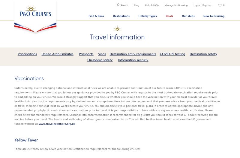 P&O Cruises health page about vaccinations