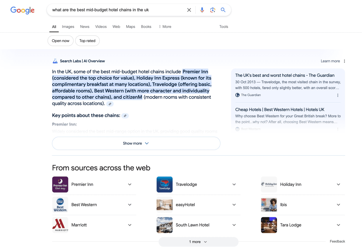 AI overview results for search "what are the best mini-budget hotel chains in the UK?"
