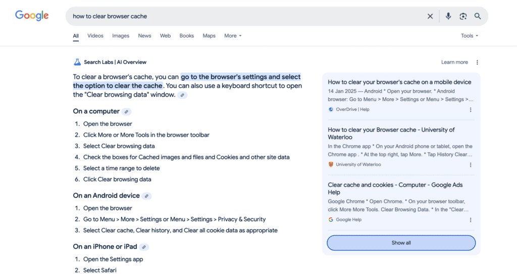 Google search results showing AI Overview for search term 'how to clear browser cache'