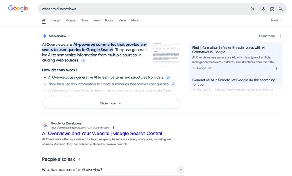 Search results for Google search 'what are AI Overviews?'