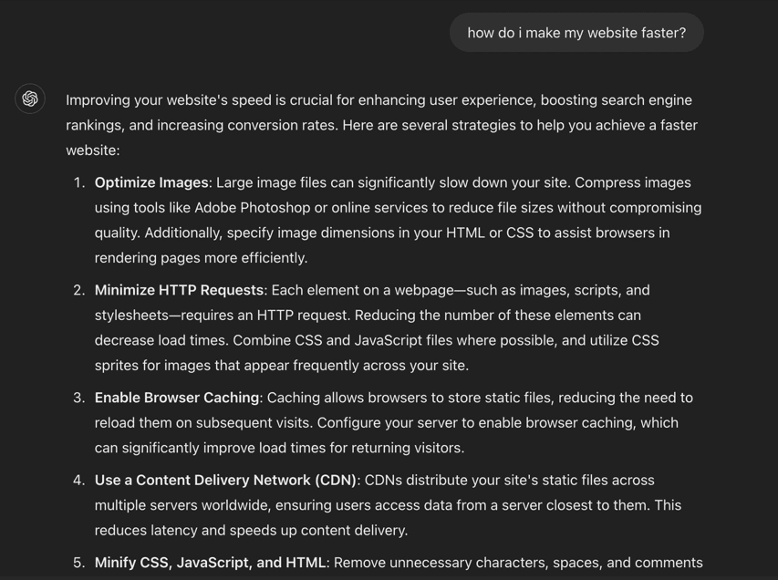 ChatGPT results for 'how do I make my website faster?'
