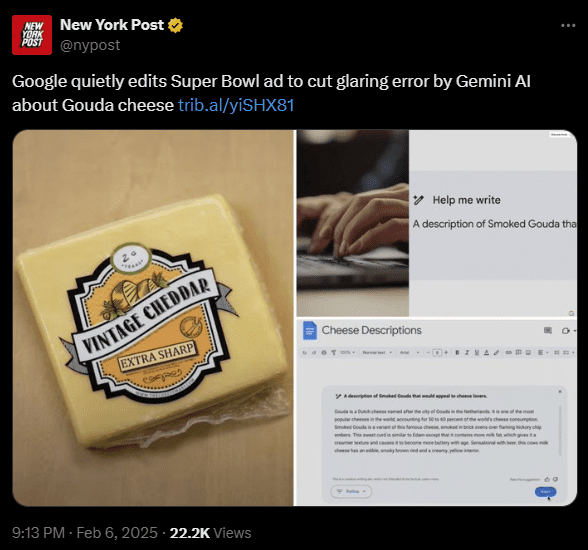 Super Bowl Vintage Cheese post on X.com that was incorrectly described by Gemini